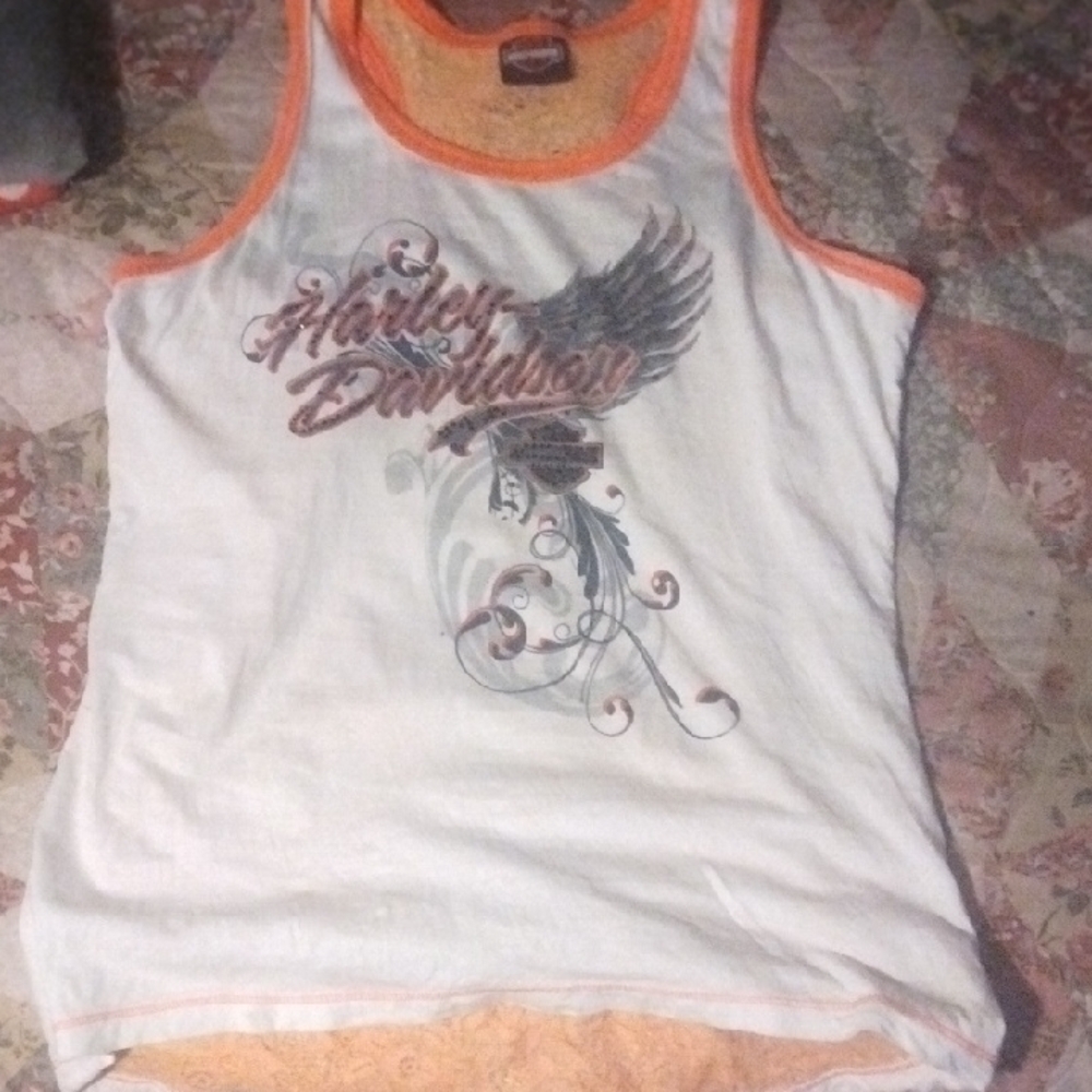 Harley-Davidson White and Orange Tank Top with Graphic Design